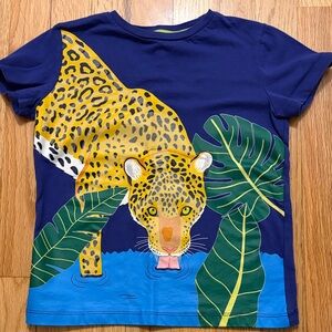 Mini Boden Navy Blue Tee with Yellow Leopard and Green Leaves